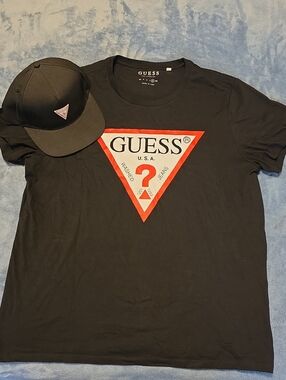NWOT Guess Black Tee with Red & White Triangle Logo and Matching Black Cap